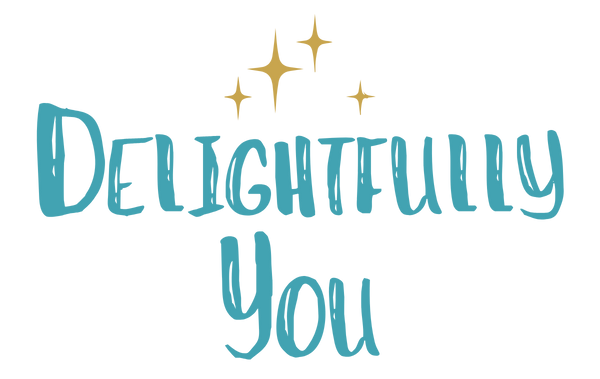 Text 'Delightfully You' with decorative elements on a white background